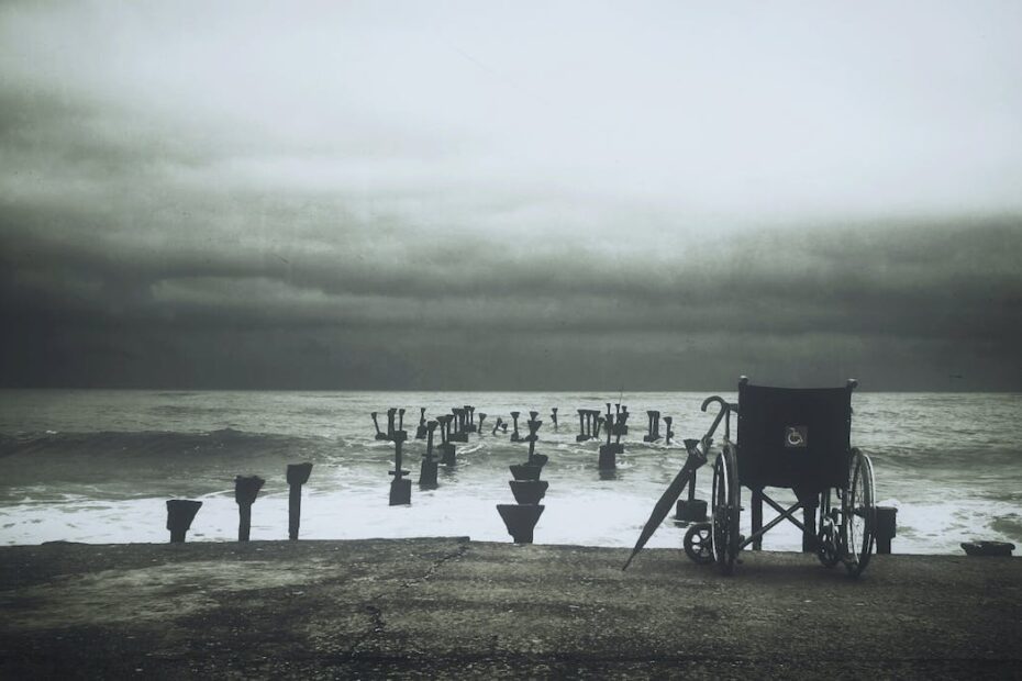 Grey Scale Photograph of Wheel Chair Near Water Sea